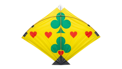 Yellow Diamond Shape Paper Kite with Green Clubs and Red Hearts Isolated