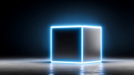 A cube is lit up in neon colors. The cube is in a dark room. The lighting is bright and colorful