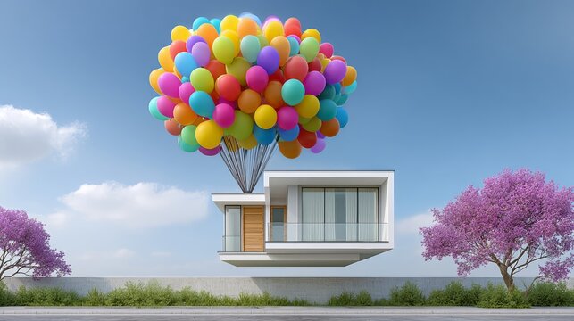 A house is floating in the air with a bunch of colorful balloons. The balloons are scattered all over the house, giving it a whimsical and playful appearance. Concept of joy and lightheartedness