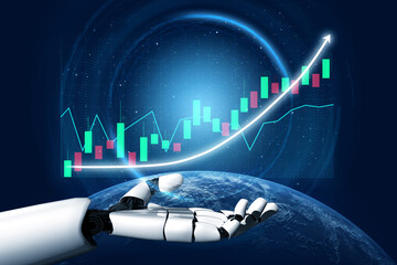 A futuristic robotic hand displays a financial growth chart with vibrant candlesticks, symbolizing innovation in technology and market analytics. Impute