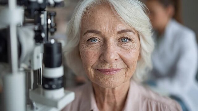 Beautiful elderly woman with blue eyes smiling at the camera during a professional eye check up in an ophthalmology clinic, sitting at a modern slit lamp biomicroscope machine