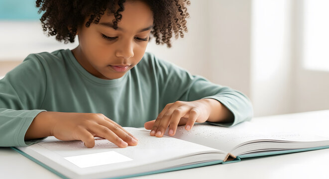 Young Black child reading a Braille book with fingers on the rai