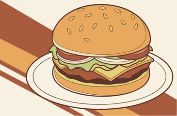 Classic Cheeseburger Vector Illustration on White Plate