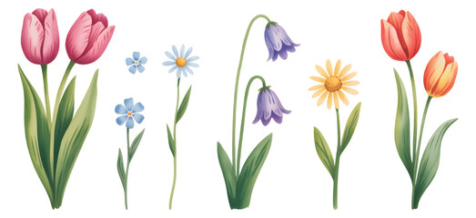 Pink tulip stems painted in soft watercolor style on white background.
