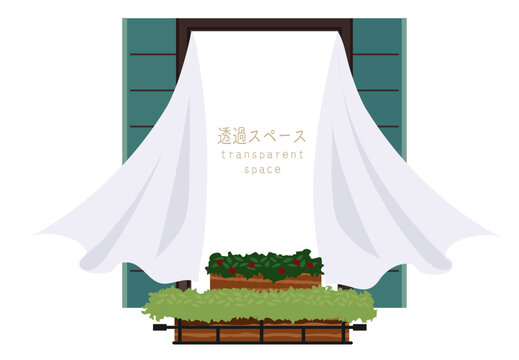 窓のフレーム素材：風に揺れる白いカーテンと透過スペースのある窓辺/Window frame material: White curtains swaying in the wind and a window with transparency