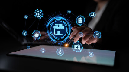 Online pharmacy icons showing medicine, healthcare, prescription and medical services with digital...