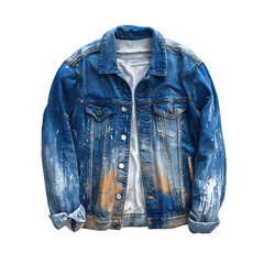 Distressed denim jacket with paint splatters