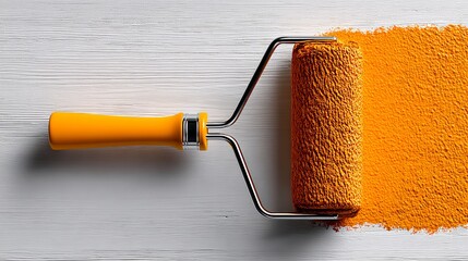 Obraz premium A paint roller with a yellow handle is on a wooden surface. The roller is filled with paint and is being used to paint a wall. Concept of creativity and productivity