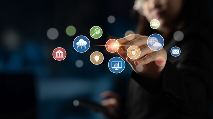 Set of business and digital service icons representing finance, cloud, analytics, email, communication, ecommerce, cybersecurity, and global connectivity in a modern ecosystem Latch