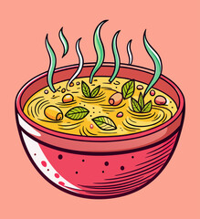 Hot Noodle Soup Bowl Vector Illustration with Steam