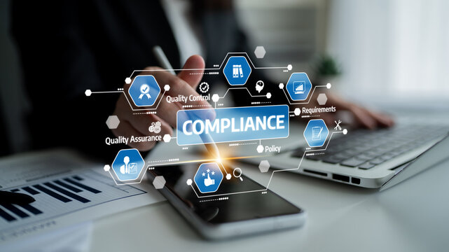 A focused professional working on compliance in a modern office, utilizing technology to implement quality control measures and assure effective policy management. Tessel