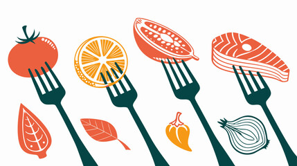 Fresh Food Items on Forks Vector Illustration Set