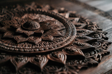 Lanna style wood carving pattern features intricate floral design with traditional craftsmanship, highlighting detailed texture and cultural elegance in natural brown wood art