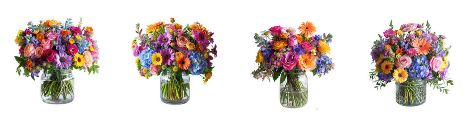 Obraz premium Four vibrant bouquets of colorful wildflowers in glass jars presented in a row on transparent background
