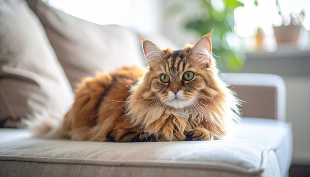 Fluffy Maine Coon Cat Relaxing on a Soft Couch in a Cozy Living Room