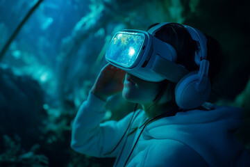 VR technology experience with user immersed in futuristic virtual environment