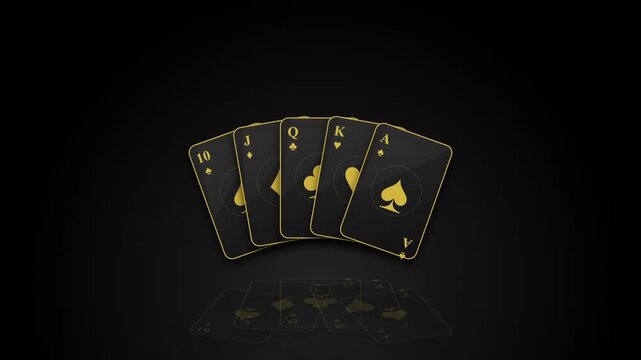 Luxury Golden Royal Flush Poker Cards on Reflective Surface Animation