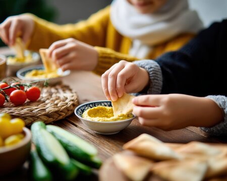 Children enjoy a healthy snack, dipping pita bread into creamy hummus at a wooden table with fresh cucumbers and cherry tomatoes.