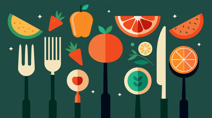 Healthy Food Items on Forks Vector Illustration Set