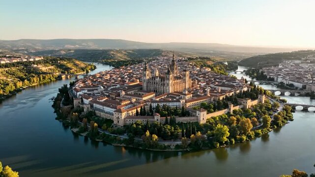 Aerial view of Zamora Spain during golden hour with cathedral and surrounding river landscape panorama