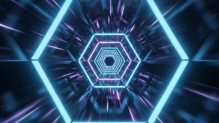 Abstract Neon Tunnel: A mesmerizing visual journey through a futuristic neon tunnel, with geometric hexagon patterns and an enchanting blue and purple color palette. - Powered by Adobe