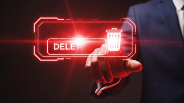 Businessman pressing delete button with red neon effect