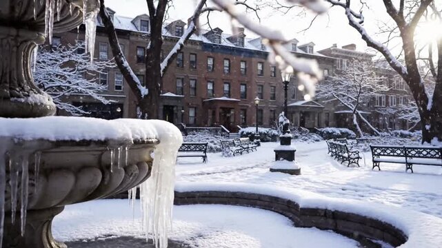 Snowy winter day at a historic town square with ornate fountain, benches, and brownstone buildings