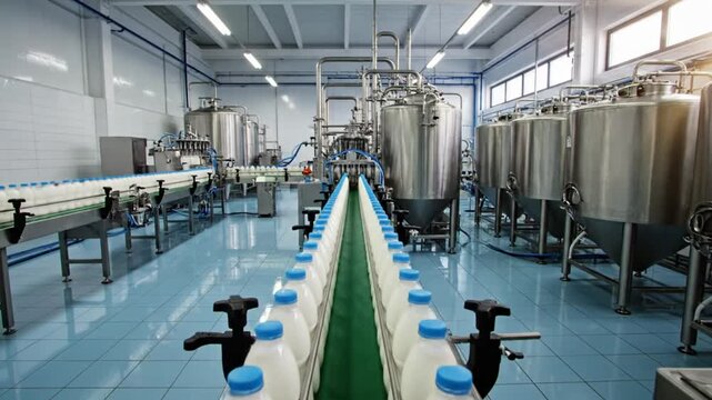 Automated milk bottling line in a dairy factory, bottles moving on a conveyor belt with blue caps