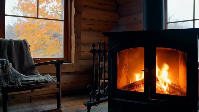 Cozy Cabin Interior With Fireplace and Autumn View Through Window In Rustic Setting. Seamless looping 4k video background 