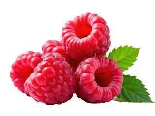 Fresh raspberries with leaves on a clean white background, ideal for food or product photography