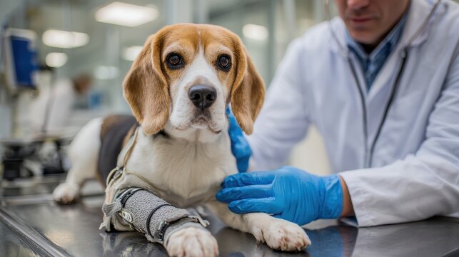 Vet assessing prosthetic gear for disabled beagle at clinic