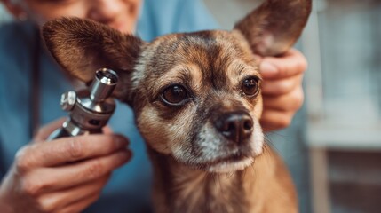 Veterinarian examining a dog s ears with an otoscope for health assessment