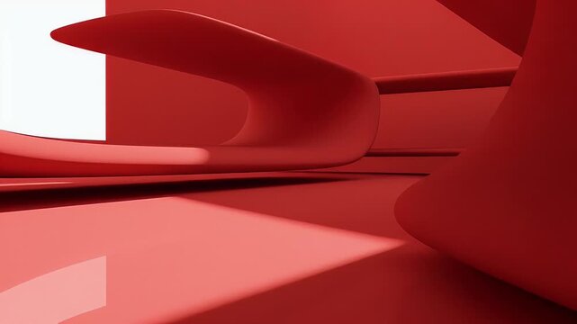 Abstract red interior architecture with curved lines and reflective surfaces