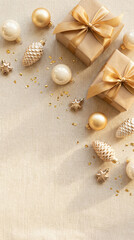 Welcome New Year with festive touch. Top-view handmade gift boxes, holiday balls, pine cone-shaped embellishments, shimmering stars and sequins on neutral backdrop, ready for your custom greeting