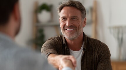 I greatly appreciate your help A close up of an attractive middle aged man shaking hands with a financial advisor during a home meeting