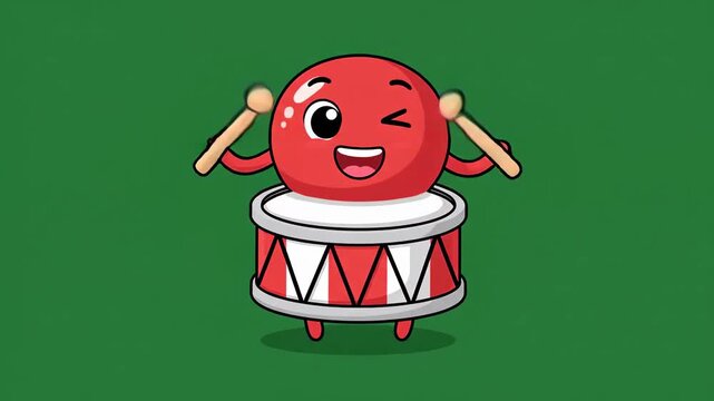Cute Red Cartoon Drum Character Playing Music Animation.