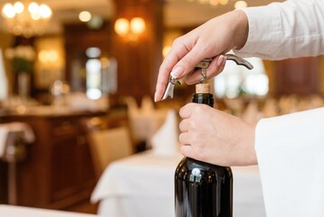 Sommelier opening a wine bottle in a restaurant during dinner service with tables arranged for guests in the background