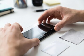Hands are preparing to place a screen protector on a smartphone at a desk with stationery and notes in the background