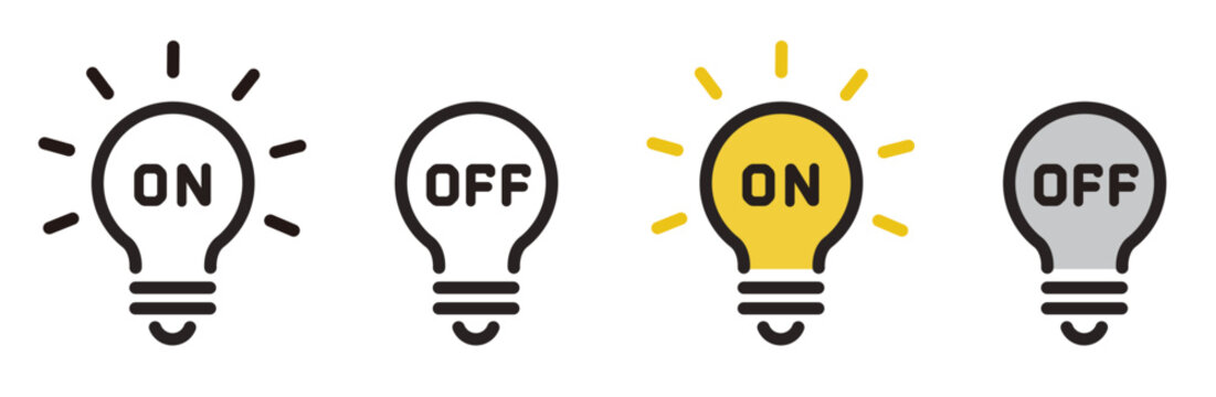 電球アイコン。ONとOFF。節電、省エネ、電気代のアイコン。
