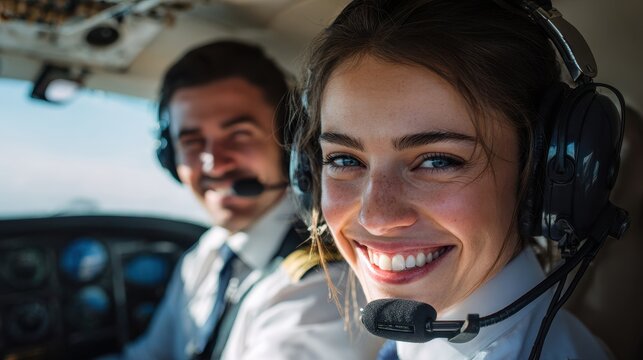 Portrait of a cheerful young female trainee pilot with a headset beside her instructor gazing at the camera from the cockpit