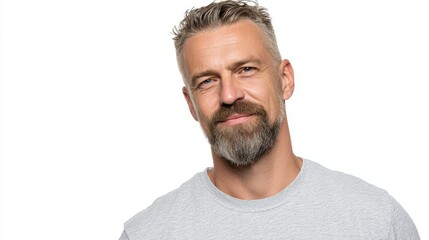 Obraz premium Portrait of a cheerful confident middle aged man in a t shirt isolated on white