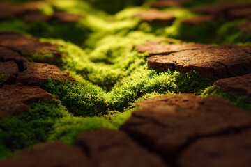 nature-inspired art, dry cracked clay with fresh green moss, an earthy contrast, natural window light, creating depth and ample negative space