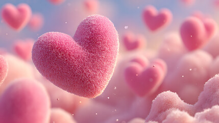 Obraz premium Soft pink fluffy hearts floating in dreamy pastel sky, symbolizing love, romance and tenderness. Whimsical 3D illustration with gentle light, bokeh and romantic atmosphere