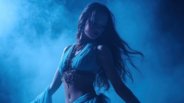 A young girl in a Middle Eastern dancer outfit poses and dances against a black backdrop with blue lighting