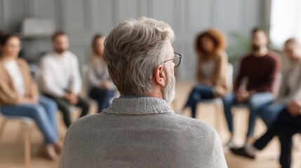 Back view of an older male psychologist listening to a young man discussing his issues in a group therapy setting Themes of mental health and social challenges