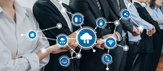 A diverse group of professionals standing together symbolizes teamwork and collaboration in cloud computing. Icons depict various technology elements and connectivity. Amity