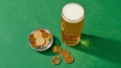 Beer Glass and Shamrock on Green Surface for Celebration Around St Patricks Day