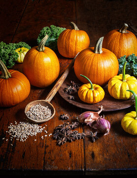 Cooking pumpkins in the kitchen with ingredients