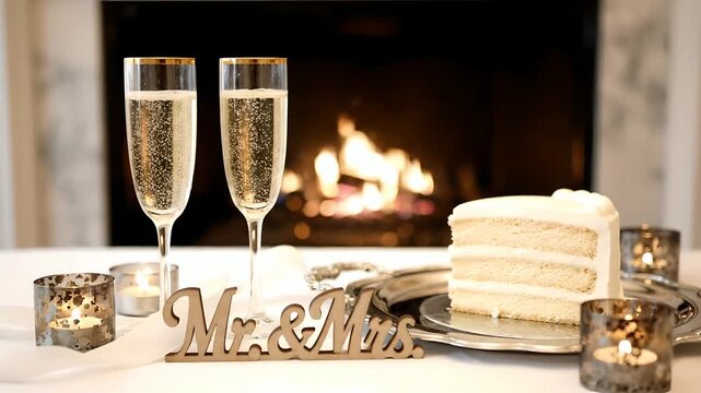 Two champagne flutes and a slice of white cake are beautifully arranged with candles and a 'Mr. & Mrs.' sign, set against a cozy fireplace. Ideal for romantic wedding celebrations, anniversaries,