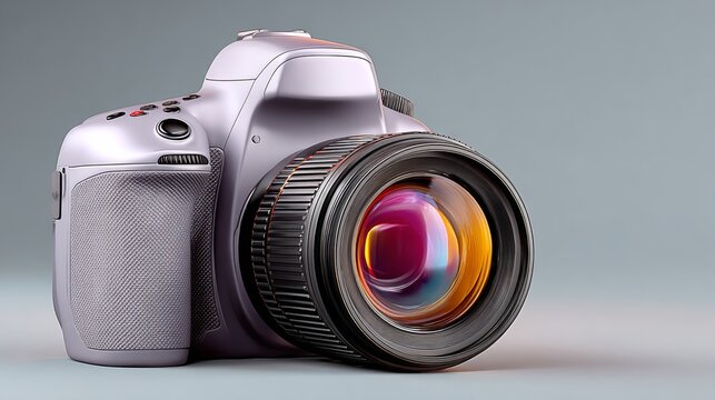 A camera with a purple lens is on a grey background. The camera is a Canon brand